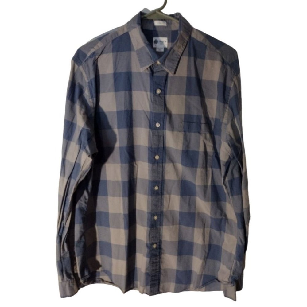Large Men's J.Crew Tailored Fit Grey & Blue Plaid Long Sleeve Button Up Shirt